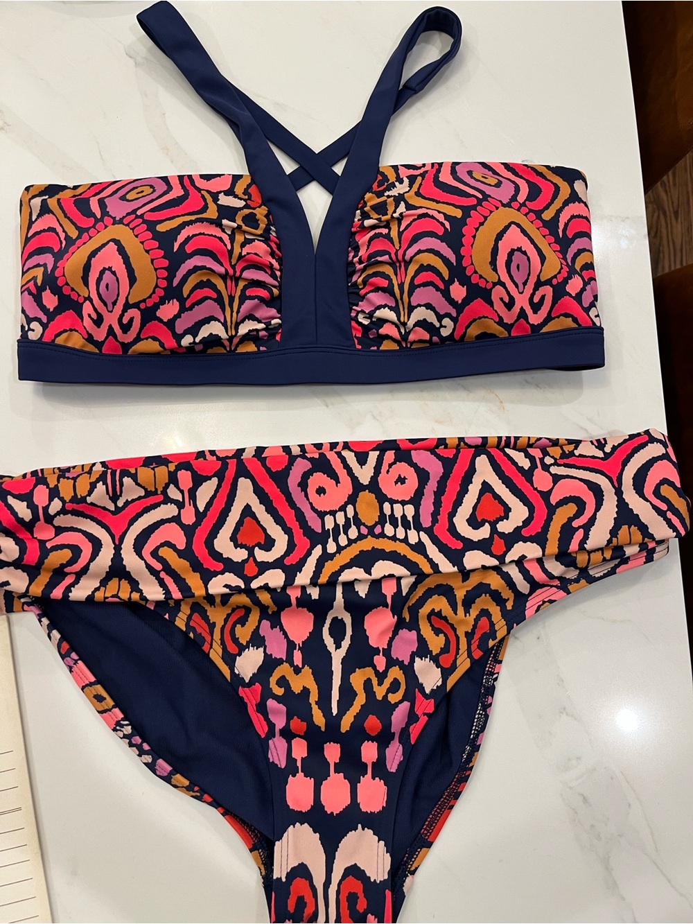 Boden Two-Piece Printed Bikini Set in Navy, Pink & Orange